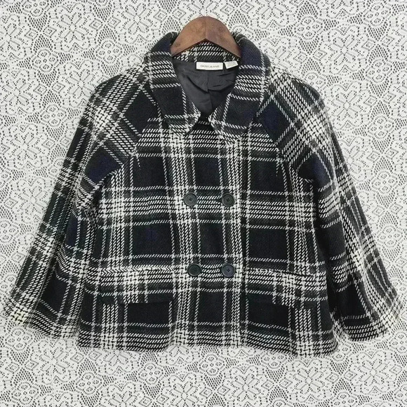 DKNY Jeans Wool Blend Plaid Double Breasted Crop Pea Coat women's  XL - Picture 1 of 9